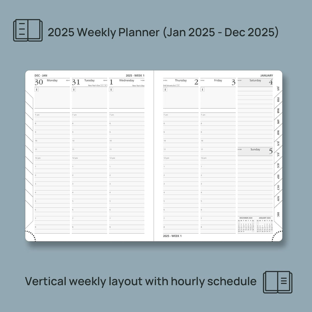 POPRUN 2025 Planner (Medium Size 8.5''x 6.5'' Hardcover) - Daily Weekly and Monthly Calendar Agenda 2025 Appointment Book with Hourly Time Slots, Monthly Tabs, 100 GSM - Pacific Green