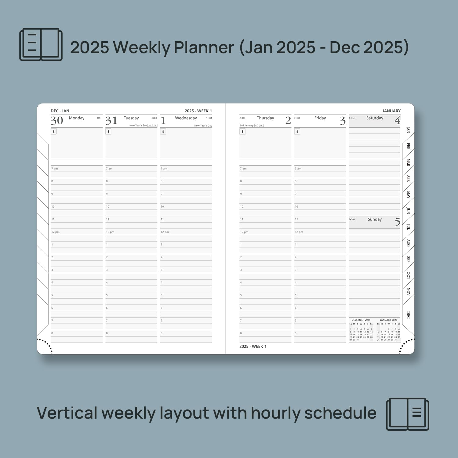 POPRUN 2025 Planner (Medium Size 8.5''x 6.5'' Hardcover) - Daily Weekly and Monthly Calendar Agenda 2025 Appointment Book with Hourly Time Slots, Monthly Tabs, 100 GSM - Pacific Green