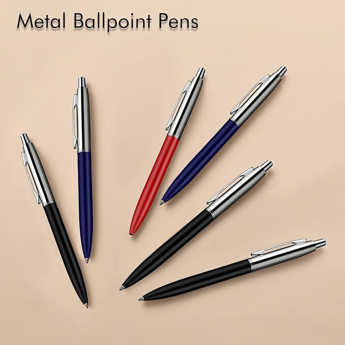 ChaoQ 6 Pcs Ballpoint pens, Refillable & Retractable Metal Ballpoint pens 1.0mm Medium Point Smooth Writing Pens School Office Supplies Gifts, 12 Extra Replaceable Refills, Black/Blue/Red Inks