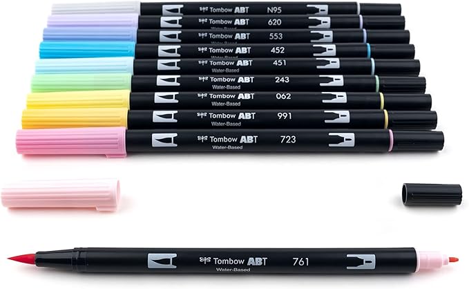 Tombow 56187 Dual Brush Pen Art Markers, Pastel, 10-Pack. Blendable, Brush and Fine Tip Markers