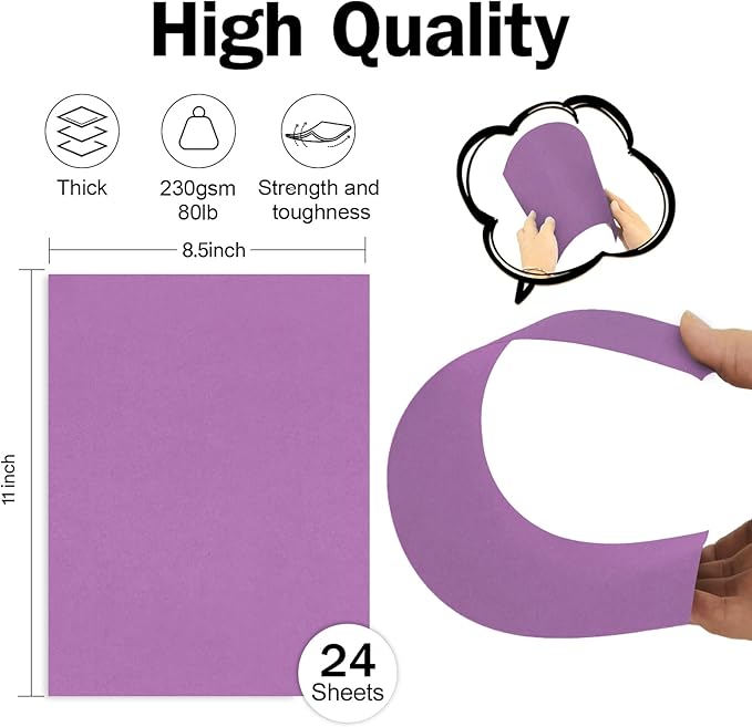 Purple Cardstock 8.5 x 11 80lb Card Stock For Printer, Goefun 24 Sheets Purple Construction Paper for Wedding Invitations, DIY Cards, Menus, Crafts