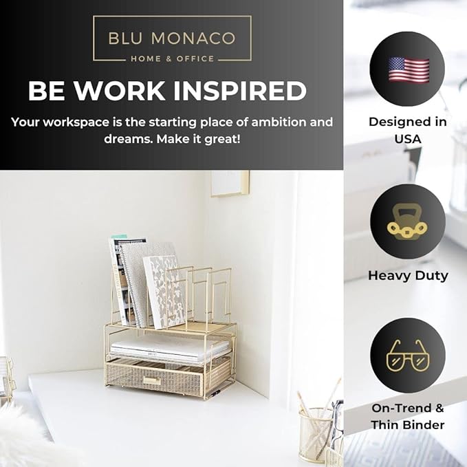BLU MONACO Gold Desk Accessories and Workspace, Desktop Organizer - Cute File Organizer for Desk and Drawer Storage for Office Supplies, Paper, Device and Folders - File Holder