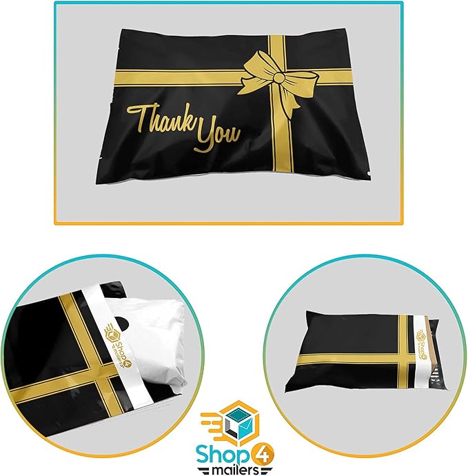 Shop4Mailers 10 x 13 Thank You Christmas Gift with Bow Black and Gold Holiday Poly Bag Mailer Envelopes 2 Mil (100 Pack, Black Gift)