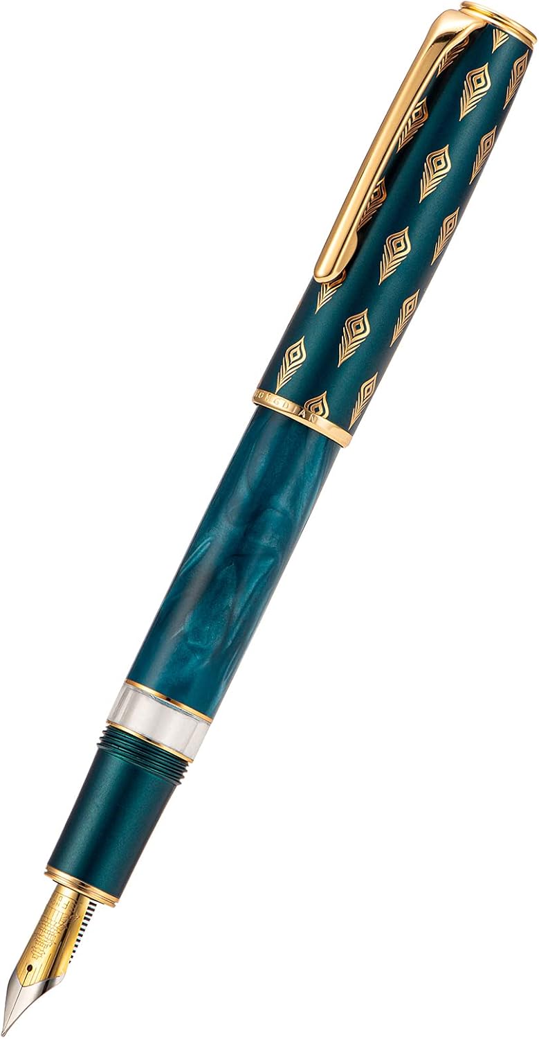 Hongdian N7 Blue Peacock Resin Piston Fountain Pen, Iridium Extra Fine Nib Classic Pen, Smooth Writing Pen with Metal Box
