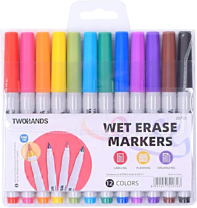 TWOHANDS Wet Erase Markers Ultra Fine Tip,0.7mm,Low Odor,Extra Fine Point,12 Assorted Colors,Whiteboard Markers for Office,Home,or Planning Dry Erase Board,20703