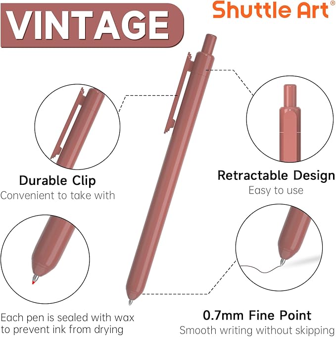 Shuttle Art Colored Retractable Gel Pens, 11 Unique Dark Vintage Ink Colors, Cute Pens 0.7mm Medium Point Quick Drying for Writing Drawing Journaling Note Taking School Office Home