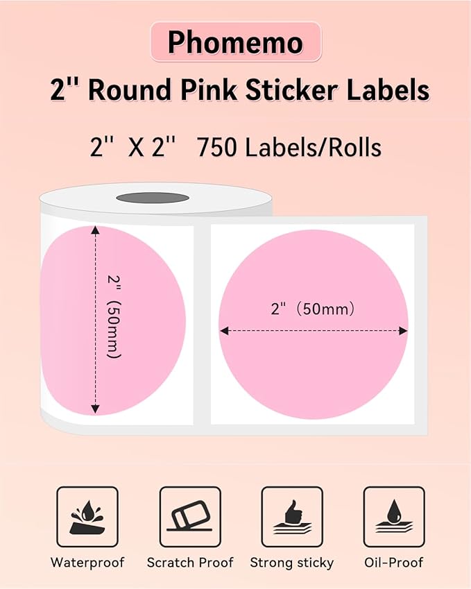 Phomemo 2” Color Circle Thermal Label, Self-Adhesive Round Sticker Label, Circular Thermal Printer Label for Logo Design, Name/Price Tag, Thanks Card, Address, QR Code, 750 Labels/Roll, 4 Rolls, Pink