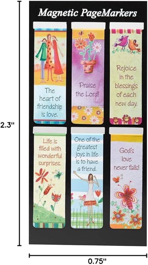 Christian Art Gifts Magnetic Scripture Bookmark Set with Love Joy and Friendship - Inspirational Whimsical Friend Themed Magnetic Bible Verse Pagemarker Set of 6 for Bibles and Books, Size 2.3” x 0.8”