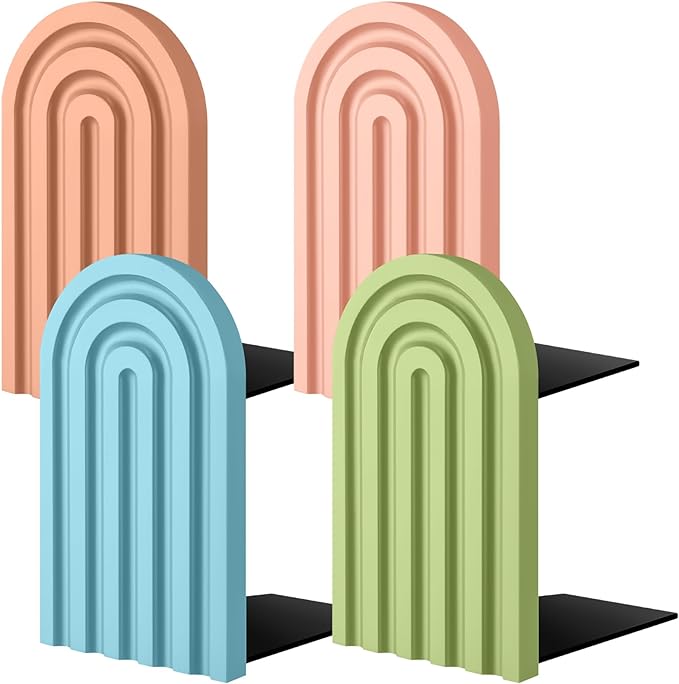 Harloon 4 Pieces Boho Arch Wood Bookends Rainbow Arch Back to School Gift Ideas Non Skid Bookend Decorative Wooden Book Stand Book Stoppers for Books Movies CDs(Bright Color)