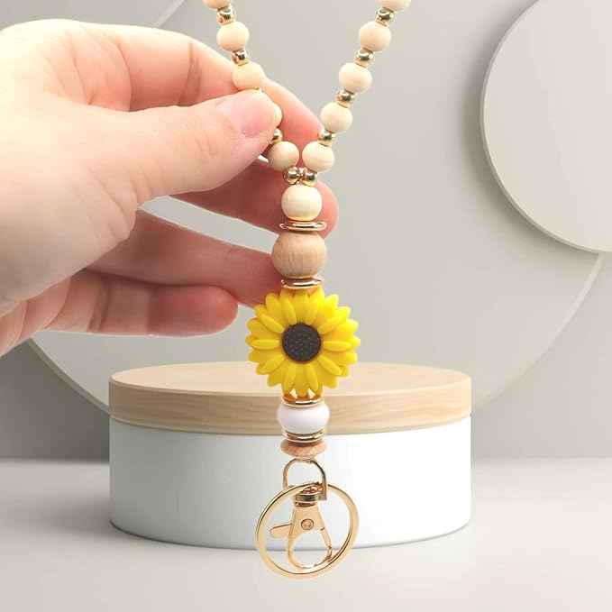 Wooden Teacher Lanyards for Id Badge Cute Flower Wood and Gold Beaded Lanyards for Women for Nurse Badge