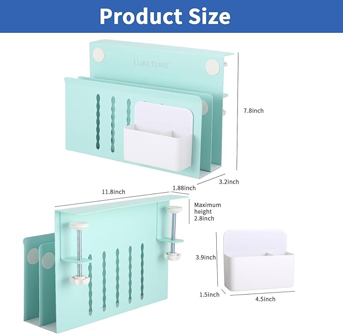 LUKETURE Desk Side Storage, 2 Tier Steel Hanging Organizer, No Drill Side Desk Organizer, Laptop Holder, with Pen Holder, Hanging Table Storage for Office and Home (Blue, L(2 Tier))