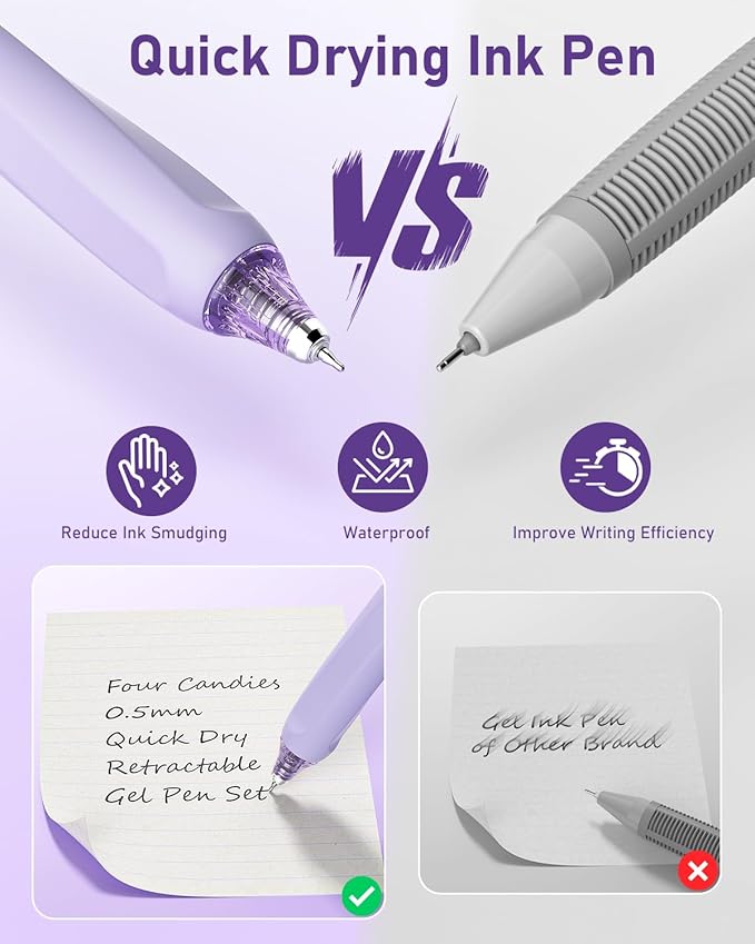 Four Candies 14Pack Pastel Gel Ink Pen Set,Cute Retractable 0.5mm Fine Point Pen,Note Taking Aesthetic Pens,12 Pack Black Ink Pens with 2Pcs Highlighter, Smooth Writing Pens for School, Office(Purple)