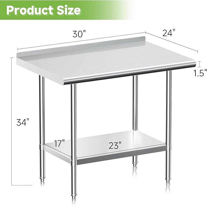 Real Relax Stainless Steel Table with Backsplash, NSF Commercial Heavy Duty Stainless Steel Table for Prep with Adjustable Undershelf, for Indoor & Outdoor- 24" D x 30" W x 34" H