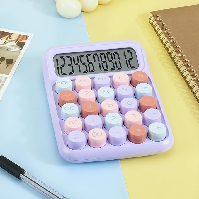 Desktop Mechanical Calculator, 12-Digit Large LCD Display Basic Standard Calculators with Cute Big Buttons, Desk Accessories, for Office Home School (Purple)