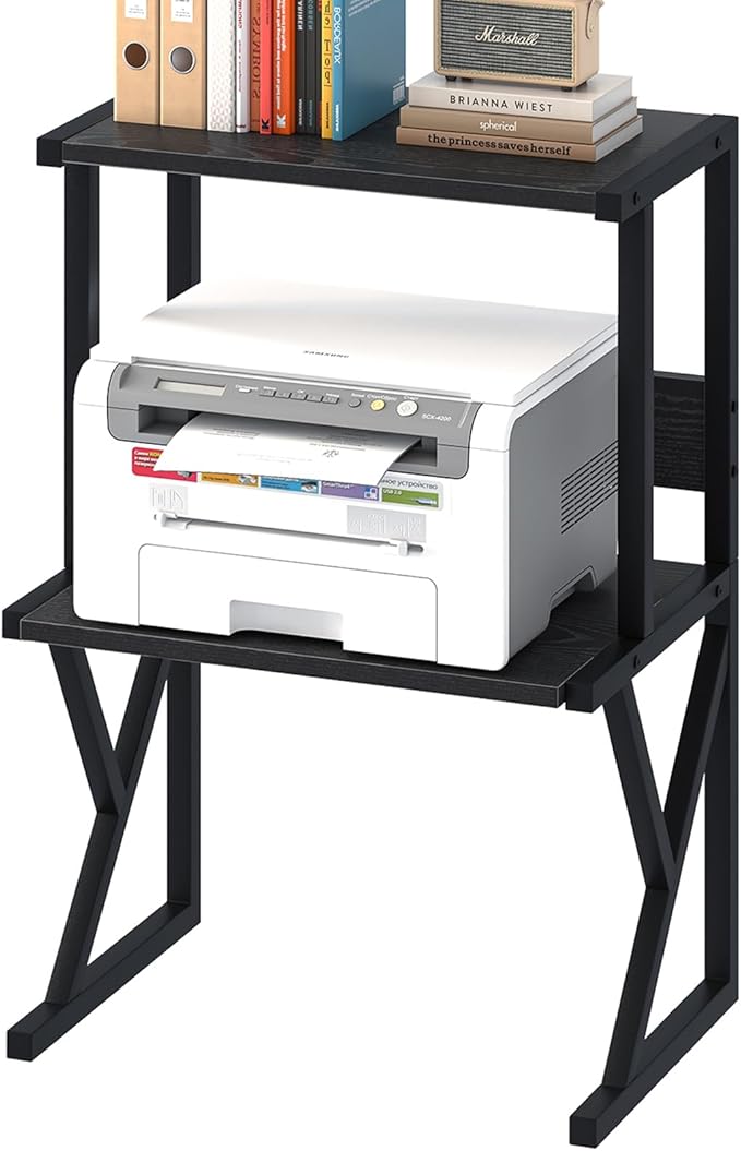 aboxoo Desktop Printer Stand with 3 Tier Wood Storage Shelves,Under Desk Printer Table,Multi-Purpose Home Office Desk Organizer for Fax Machine, Scanner (Black)