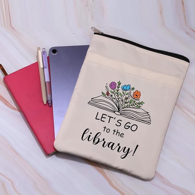 Book Lovers Book Sleeve Librarian Book Cover Reader Gift Book Club Gift Book Reading Gift Bibliophile Gift Let’s Go to The Library Zipper Pouch Gift for Bookish Bookworm (LetGoLibrarian BS)