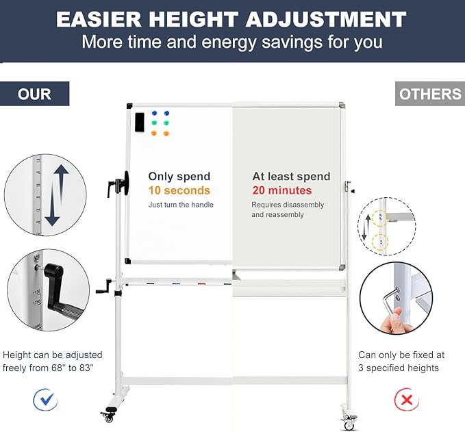 TANKEE Mobile Whiteboard 48 X 36 Inches Height Adjustable Large Standing White Board on Wheels, Rolling Double-Sided Magnetic Dry Erase Board for Office School Classroom Home