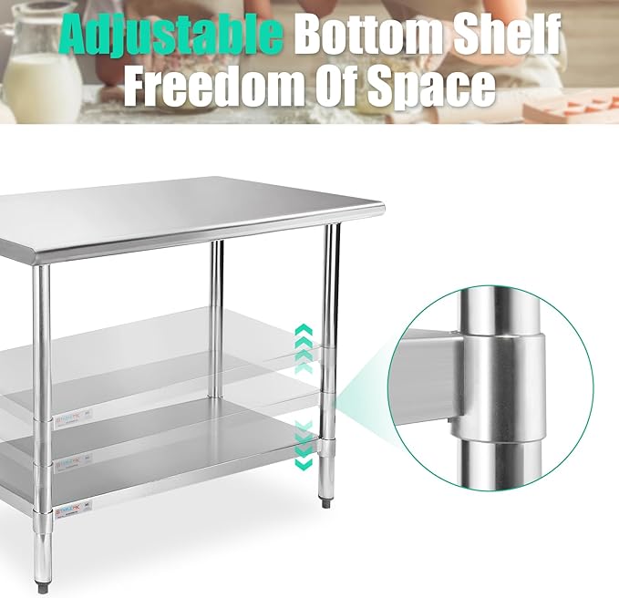 STABLEINK NSF Stainless Steel Table, 30 x 48 Inches Metal Prep & Work Table with Adjustable Undershelf, for Commercial Kitchen, Restaurant, Hotel and Garage