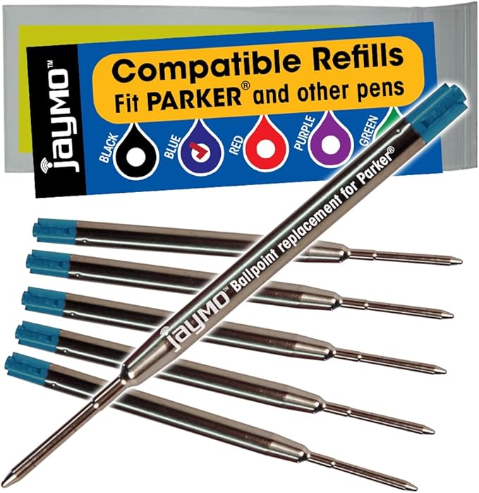 Jaymo Replacement for Parker 1950371 and Bastion - Measures 3.875 in / 98 mm Long - G2 Ballpoint Pen Refill - 6 Blue