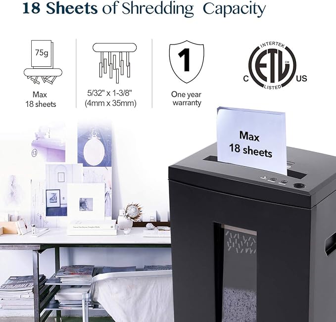 WOLVERINE 18-Sheet Shredders for Home Office Heavy Duty P-4 Security Level Crosscut Paper Shredder Paper/CD/Card Ultra Quiet Paper Shredder for Home with 6 Gallons Pullout Waste Bin SD9113(Black ETL)