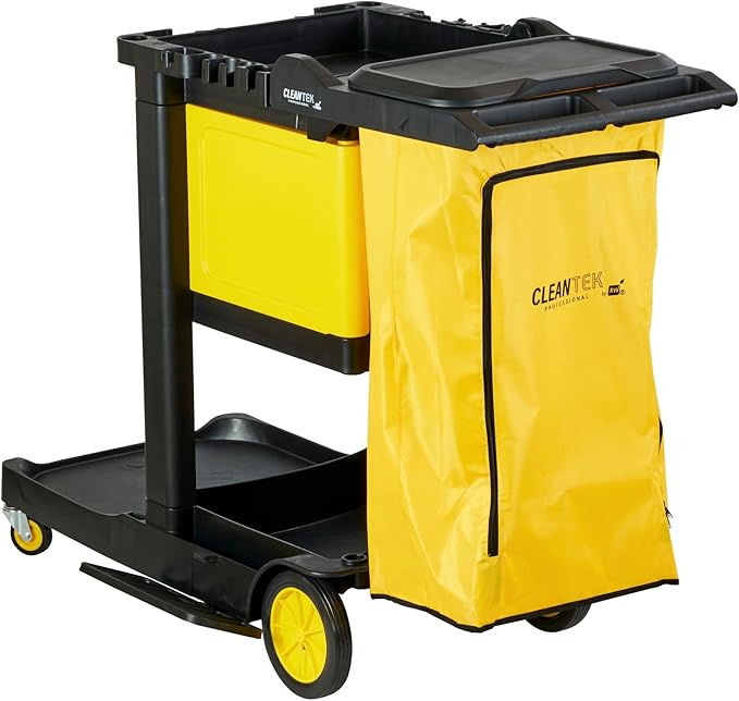 Restaurantware-Clean Tek Professional 3-Shelf Janitor Cart with Wheels, 1 Cleaning Trolley with Cover and 21 Gallon Bag - Includes 1 Single Locking Cabinet, Heavy-Duty, Gray Plastic Janitorial Cart