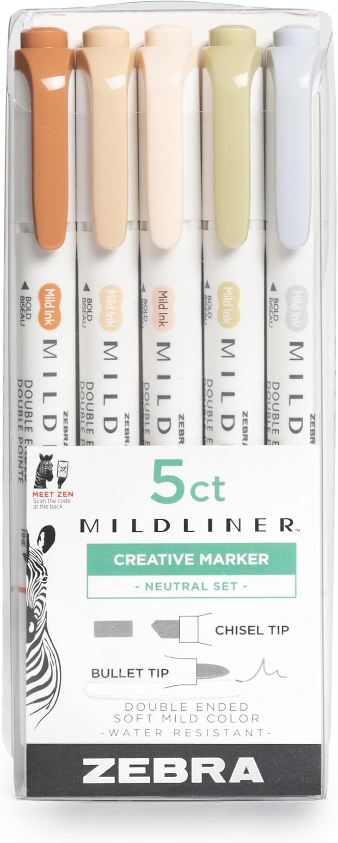 Zebra Pen Mildliner Double-Ended Highlighter Set, Broad and Fine Point Tips, No Bleed Bible Assorted Neutral Vintage Ink Colors, Model Number: 78605, 5-Count, Pack of 1