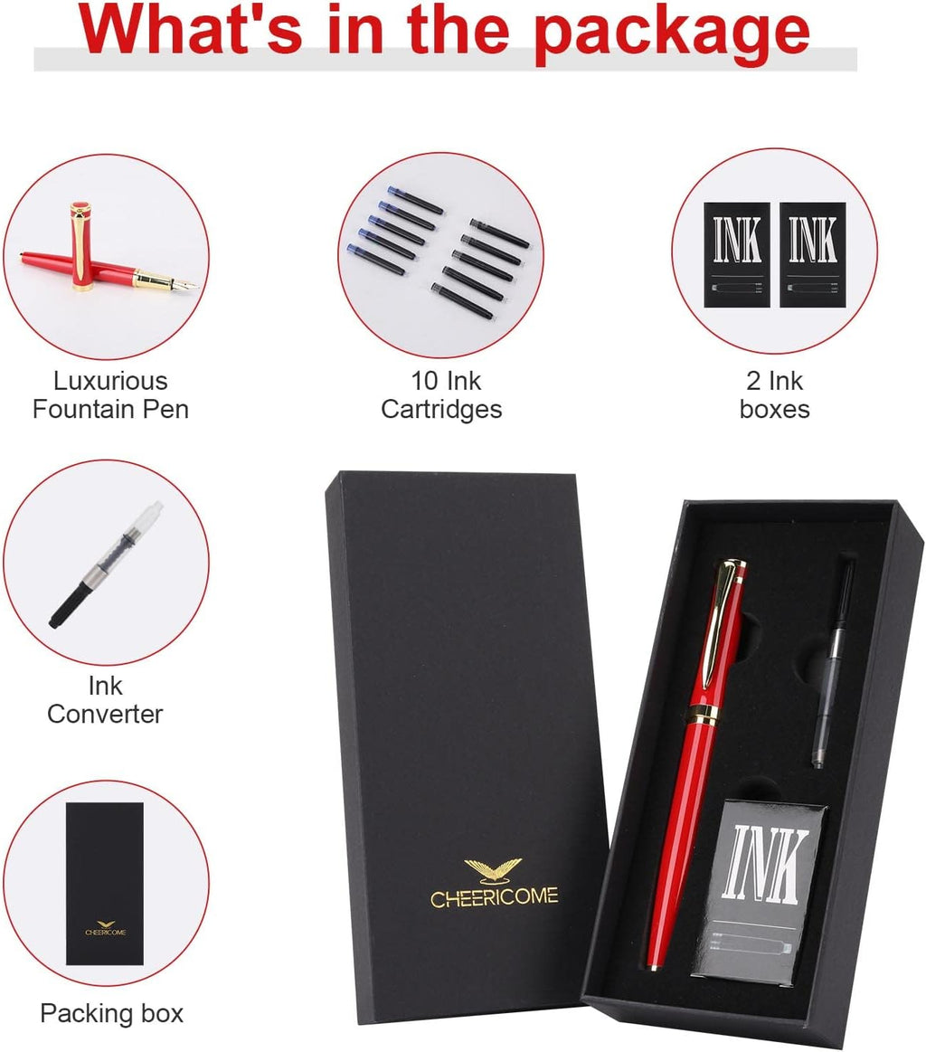 Cheericome Fountain Pen - Luxury Fountain pen set for Men & Women - Ink Pen for Smooth Writing - Fountain Pen Fine Nib，Includes 10 Ink Cartridges and Ink Refill Converter - Red