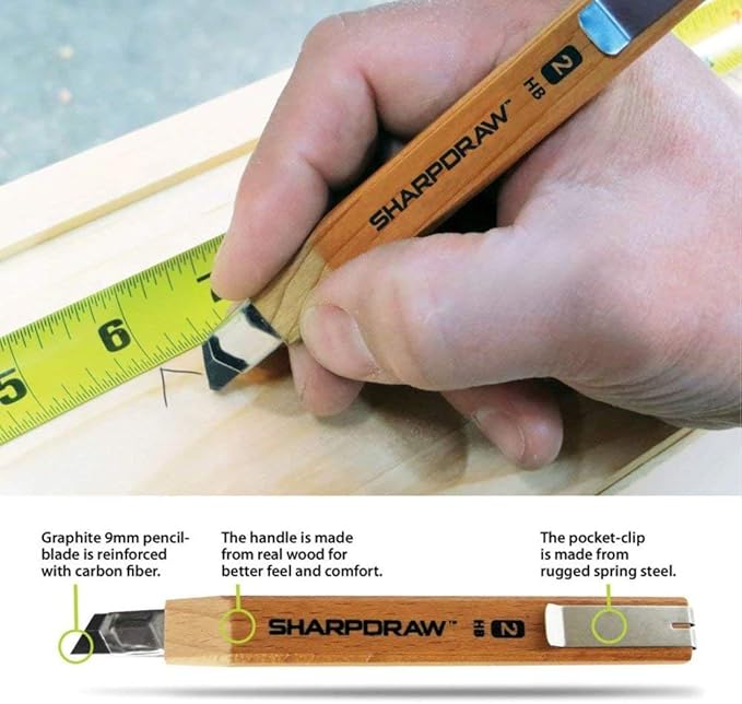 SHARPDRAW Fine Line Carpenter Pencil - Carbon Fiber Reinforced Graphite for Consistent Razor Sharp Lines – Real Wood Handle – 0.8mm Line for Finish Carpenters & Woodworkers