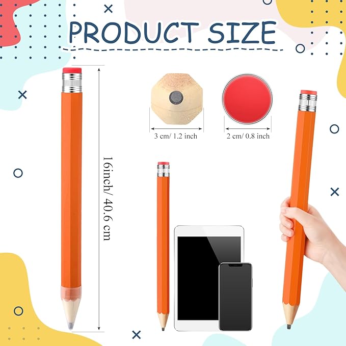 2 Pcs 16 Inch Pencils Wooden Jumbo Pencils Giant Wooden Pencils Funny Big Pencil with Cap Eraser Large Pencil Fun Novelty Gifts for Kids School Kindergarten Home Office Supplies (Orange)
