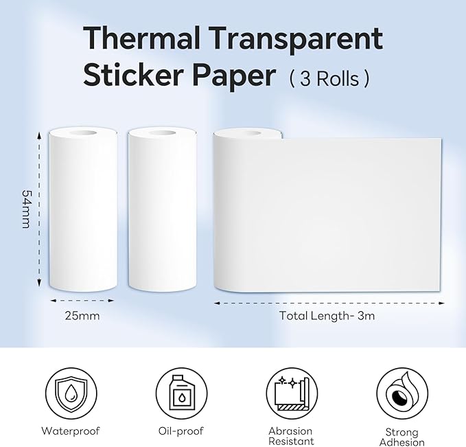 Thermal Transparent Paper Self-Adhesive Sticker Paper for Mini Thermal Pocket Printer D1,Black on Transparency 50mm x 3m,25mm Diameter,3-Rolls for Notes,Texts,Journal Photo and Notebuddy