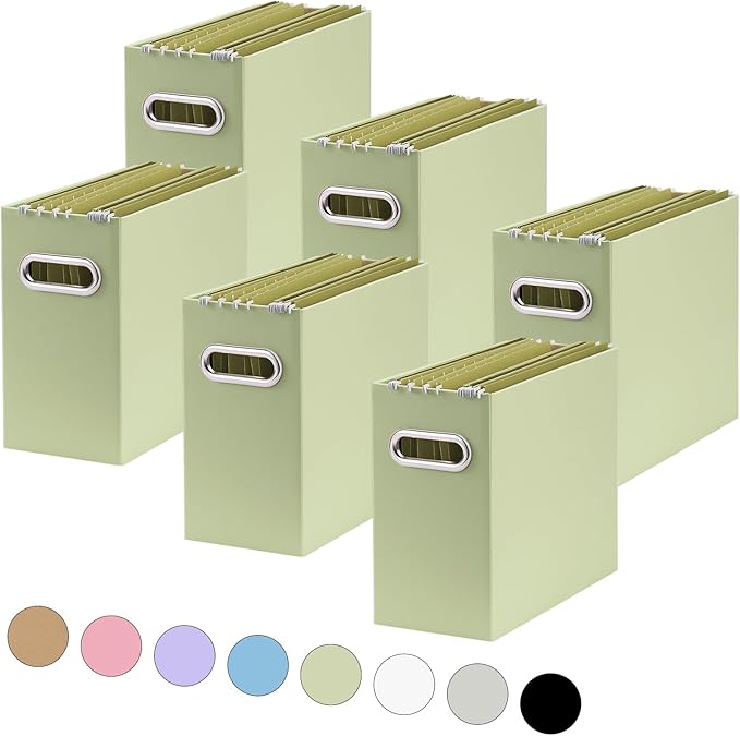 Oterri File Organizer, Small Storage Box, Cardboard File Folder Organizer, Collapsible File Box, Hanging File Organizer for Letter Size, Portable File Box with Handle, Only Box（Green，6 Packs）