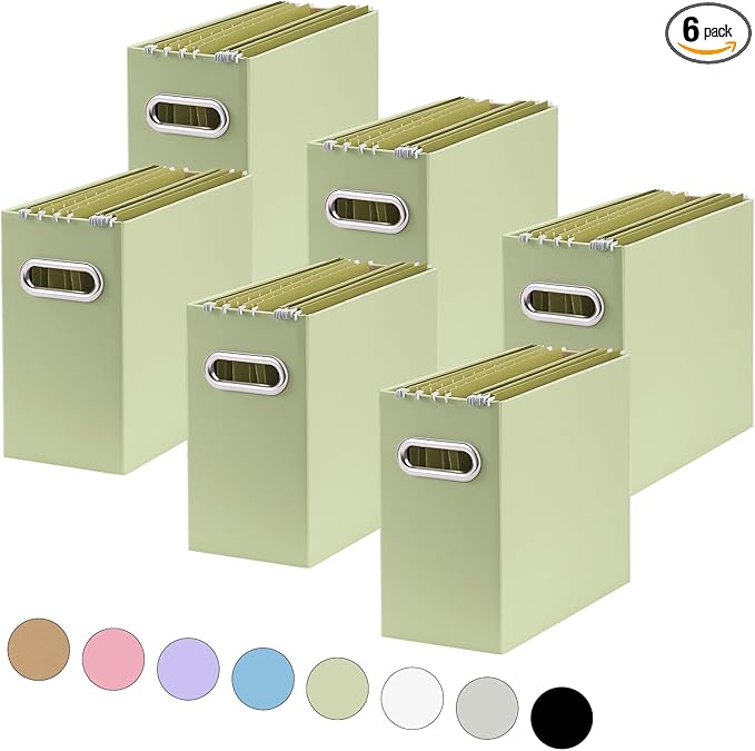 Oterri File Organizer, Small Storage Box, Cardboard File Folder Organizer, Collapsible File Box, Hanging File Organizer for Letter Size, Portable File Box with Handle, Only Box（Green，6 Packs）