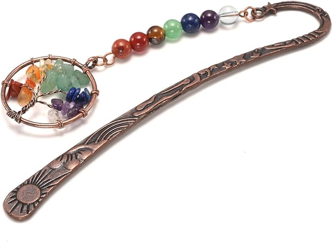Jovivi Antique Copper Metal Bookmark Beading Bookmarks with Handmade 7 Chakra Healing Crystals Tree of Life Tumbled Gemstones and Round Beads
