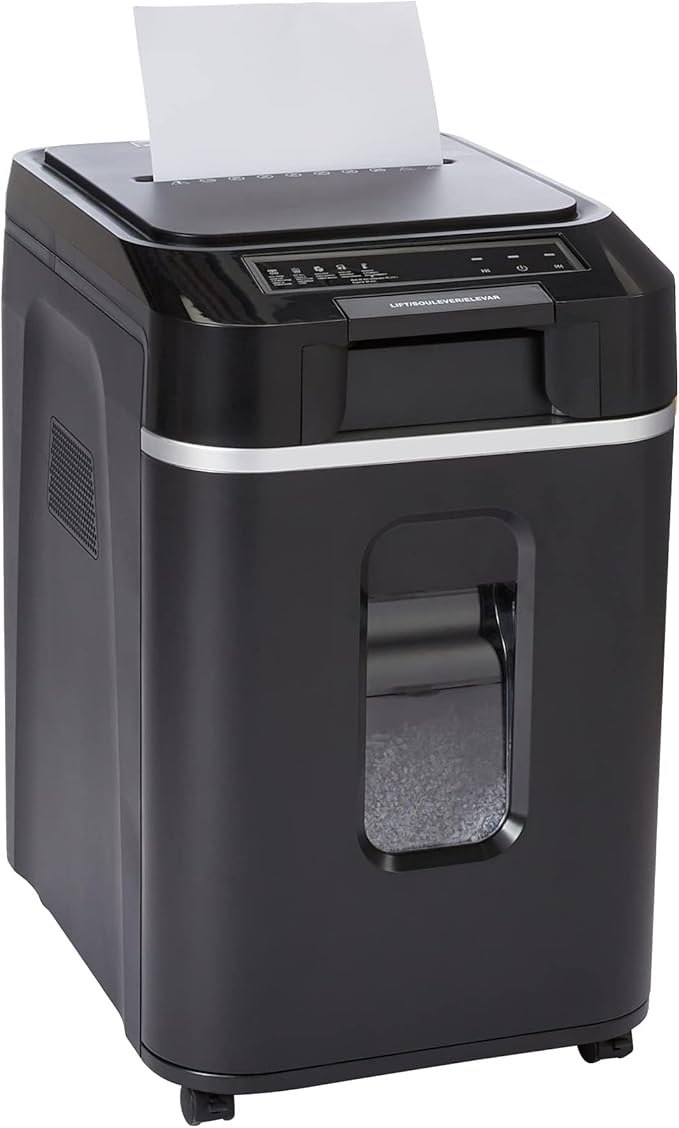 Amazon Basics 200-Sheet Auto Feed Crosscut Paper Shredder with Pullout Basket, Black