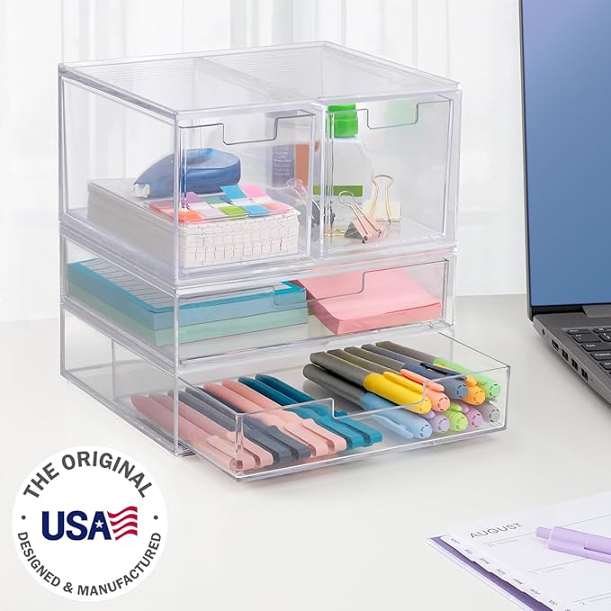 STORi Chloe Space-Saving Clear Drawer Organizer (4 Drawer Set) Sort Office, Kitchen, Beauty Supplies, Makeup, Pens, Jewelry, Stationary, Made in USA