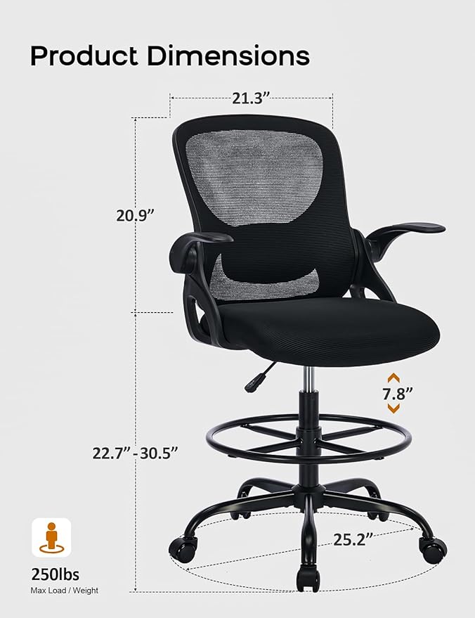 Drafting Chair Tall Office Chair with Flip-up Armrests Ergonomic Computer Standing Desk Chair with Comfy Lumbar Support and Adjustable Footrest Ring for Bar Height Desk(Black-Black)