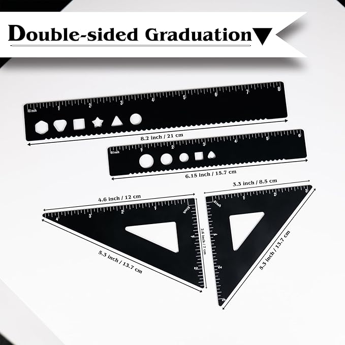 5 Pcs Metal Geometry Set, Math Drafting Ruler Kit- Aluminum Triangle Rulers, Protractor, 8 Inch and 6 Inch Drawing Ruler, Measuring Tool for School and Office (Metric and Imperial, Black)