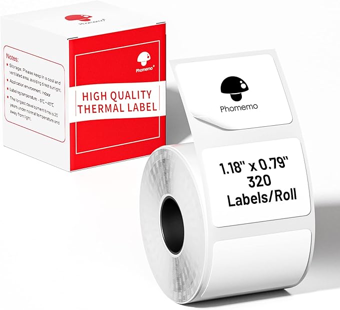 Phomemo Thermal Labels for M110/M221/M220/M120/M200 Label Printer,1.18" x 0.79" (30x20mm), 320 Labels/Roll, Black on White