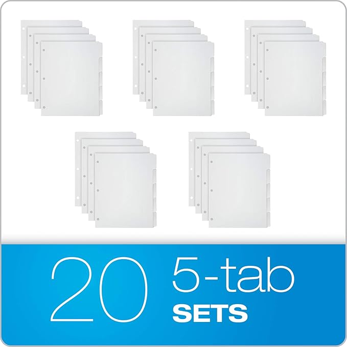 Oxford Blank Write On Binder Dividers, 1/5 Cut Tabs, 3 Hole Punch Dividers in 5 Tab Sets, 100 Dividers, 20 Sets, White (89981)