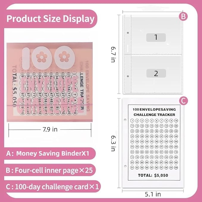 HIPPITO 7.9''x7.9'' Mini 100 Envelopes Money Saving Binder, Storage Saving Budget Book for 100 Envelopes Money Saving Challenge Kit, Gift as a Challenge Book for Lovers to Save $5,050