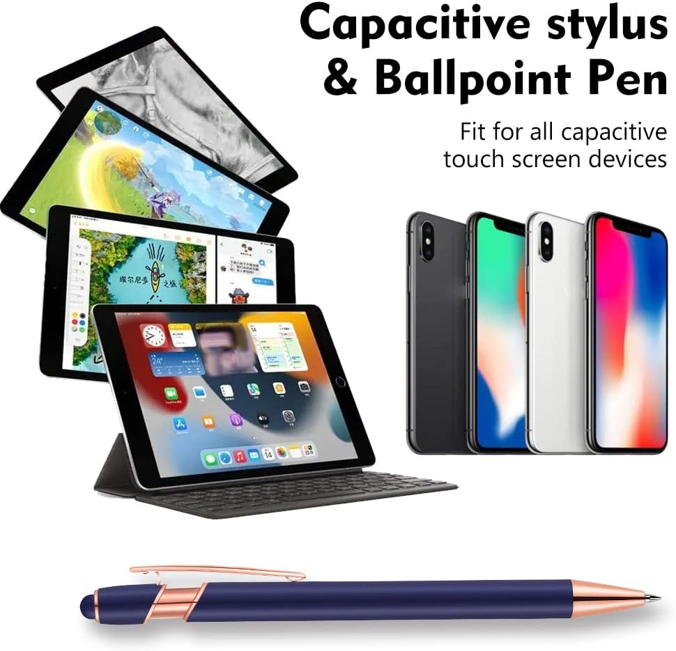 12 PCS 2 in 1 Stylus Ballpoint Pen with Stylus Tip, 1.0 mm Black Ink Metal Pen Stylus Pen for Touch Screens (Rose Gold & Black)