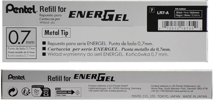 Pentel Refill Ink for EnerGel Liquid Gel Pen, (0.7mm), Metal Tip, Black Ink, Box of 12 (LR7-A)