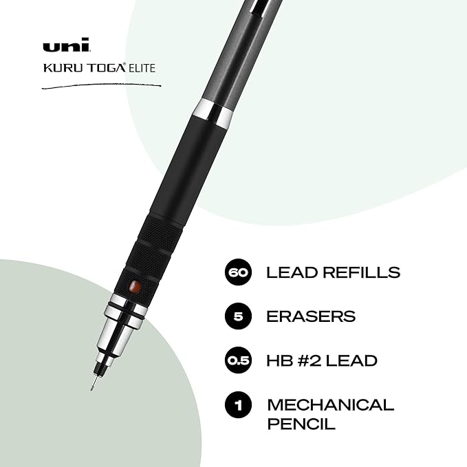 Uniball Kuru Toga Elite Mechanical Pencil Starter Kit with Gun Metal Barrel and 0.5mm Pencil Tip, 60 Lead Refills, and 5 Pencil Eraser Refills, HB #2, Office/School Supplies, Drafting