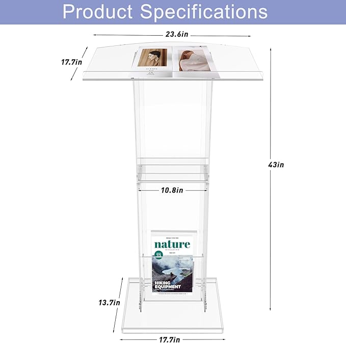 Acrylic Podium Stand With Storage Shelf,Segmented Transparent Lecterns & Podiums,Pulpits For Churches、Conference、Speeches、Weddings、Classroom、Concert,43" H Professional Presentation Podiums