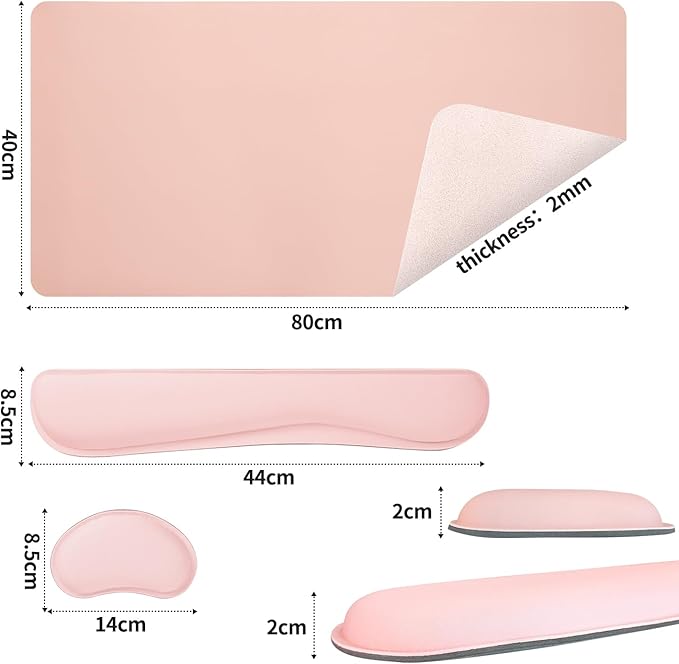 Bloss Leather Desk Pad and Keyboard Wrist Rest, Large Mouse Pad + Keyboard Pad+Mouse Wrist Support, Non-Slip Desk Mat Protector for Office, Home(31.5×15.7 Inches,Pink)