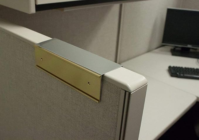 The Original Over the Cube - Quality Aluminum, Changeable Cubicle Nameplate Holder, Satin Silver Base, and Polished Yellow Gold Name Plate Holder, (2.25" Cubicle Wall Depth) - Made in The USA