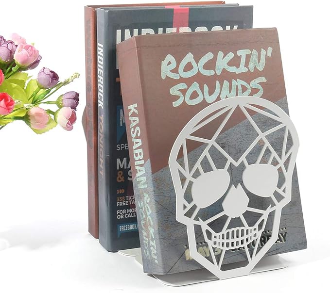 Metal Skull Design White Bookend - Heavy-Duty Bookends for Shelves, Skull Book Ends for Heavy Books, Book Shelf Holder Home Office Decorative Desktop Organizer (2 Pair-White)