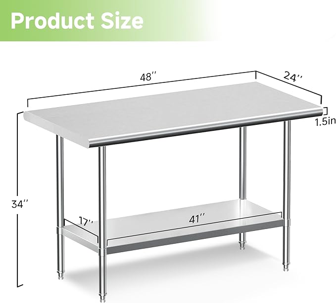 Real Relax Stainless Steel Table, NSF Commercial Heavy Duty Stainless Steel Table for Prep with Adjustable Undershelf, for Commercial Kitchen, Laundry Room and Garage - 24" D x 48" W x 34" H