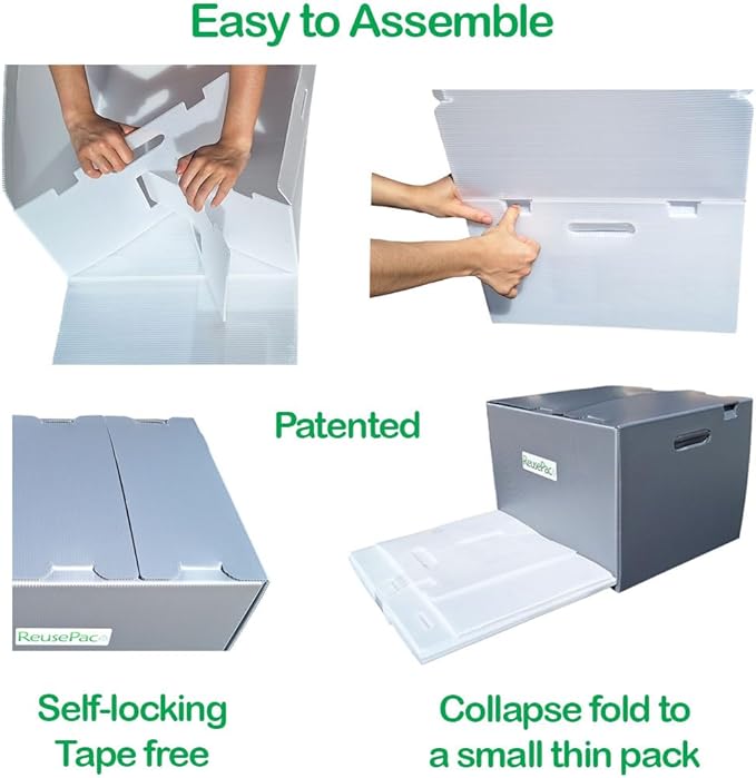 Reusable Foldable Box Corrugated PP Lightweight, Storage Moving, Heavy Duty Stackable, Tape Free Self-Locking Lid, Handles for Business Home In/Outdoors X-Large (nWhite, 20x16x10 in)