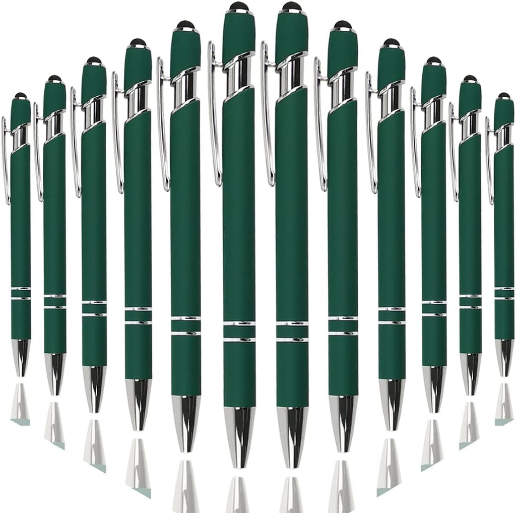 Ballpoint Pen with Stylus Tip, Soft Touch Click Metal Pen, 1.0mm Medium Point, Black Ink, 12 Count(Dark Green)